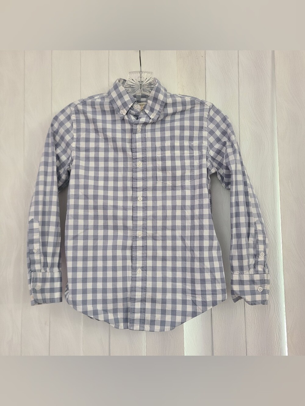 Crewcuts Factory Sz 8 Boys Gray Ivory Gingham Button Up Shirt